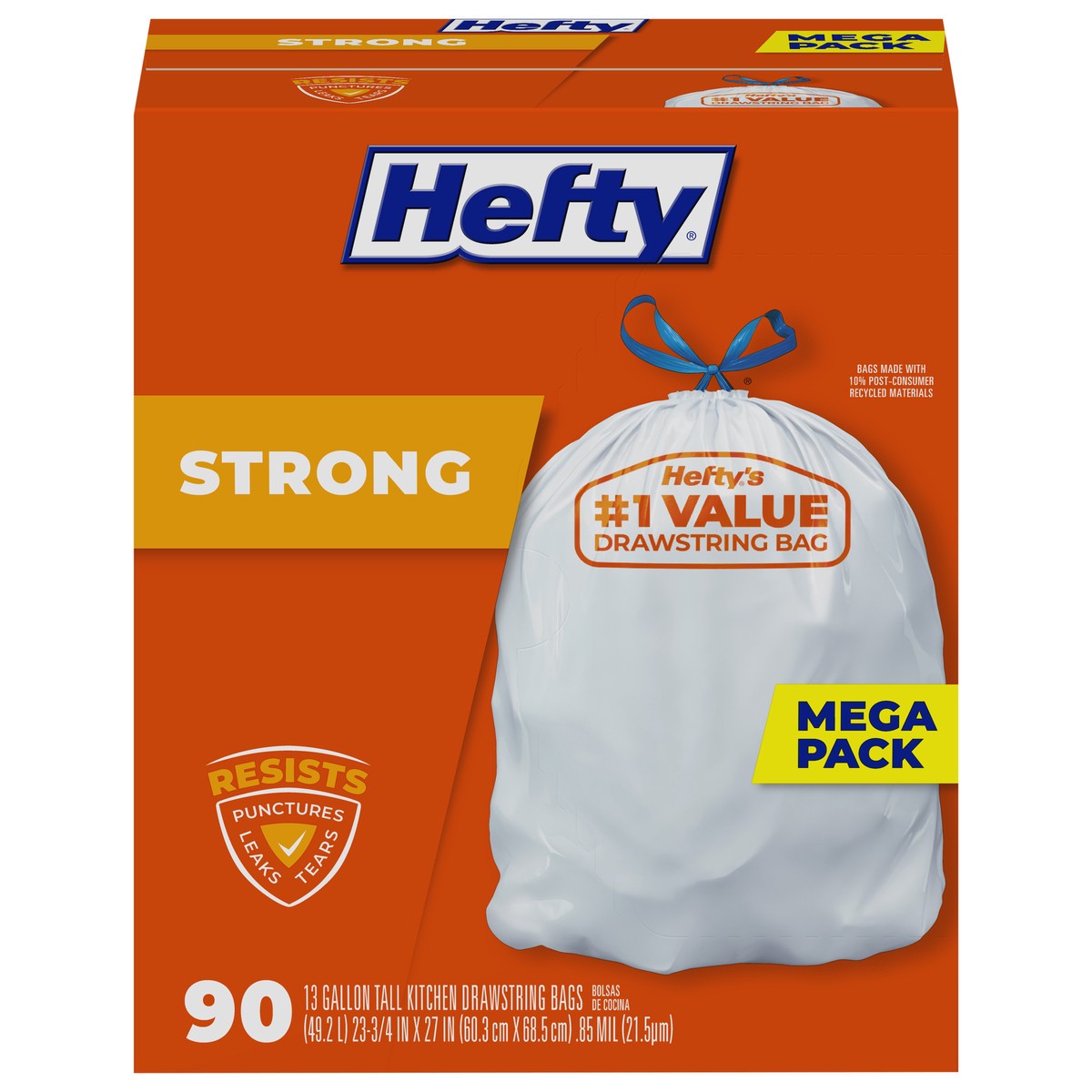 slide 1 of 9, Hefty Strong 13 Gallon Drawstring Mega Pack Tall Kitchen Bags Mega Pack 90 ea, 90 ct