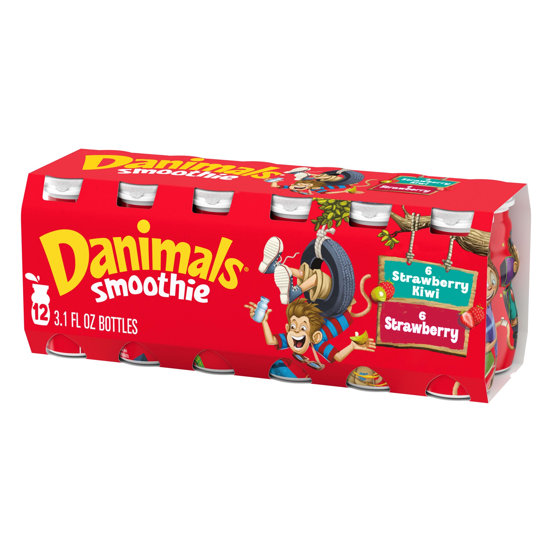 slide 1 of 5, Danimals Smoothie Strawberry Explosion and Strikin' Strawberry Kiwi Dairy Drink Multi-Pack, Easy Snacks for Kids, 12 Ct, 3.1 OZ Smoothie Bottles, 3.10 fl oz