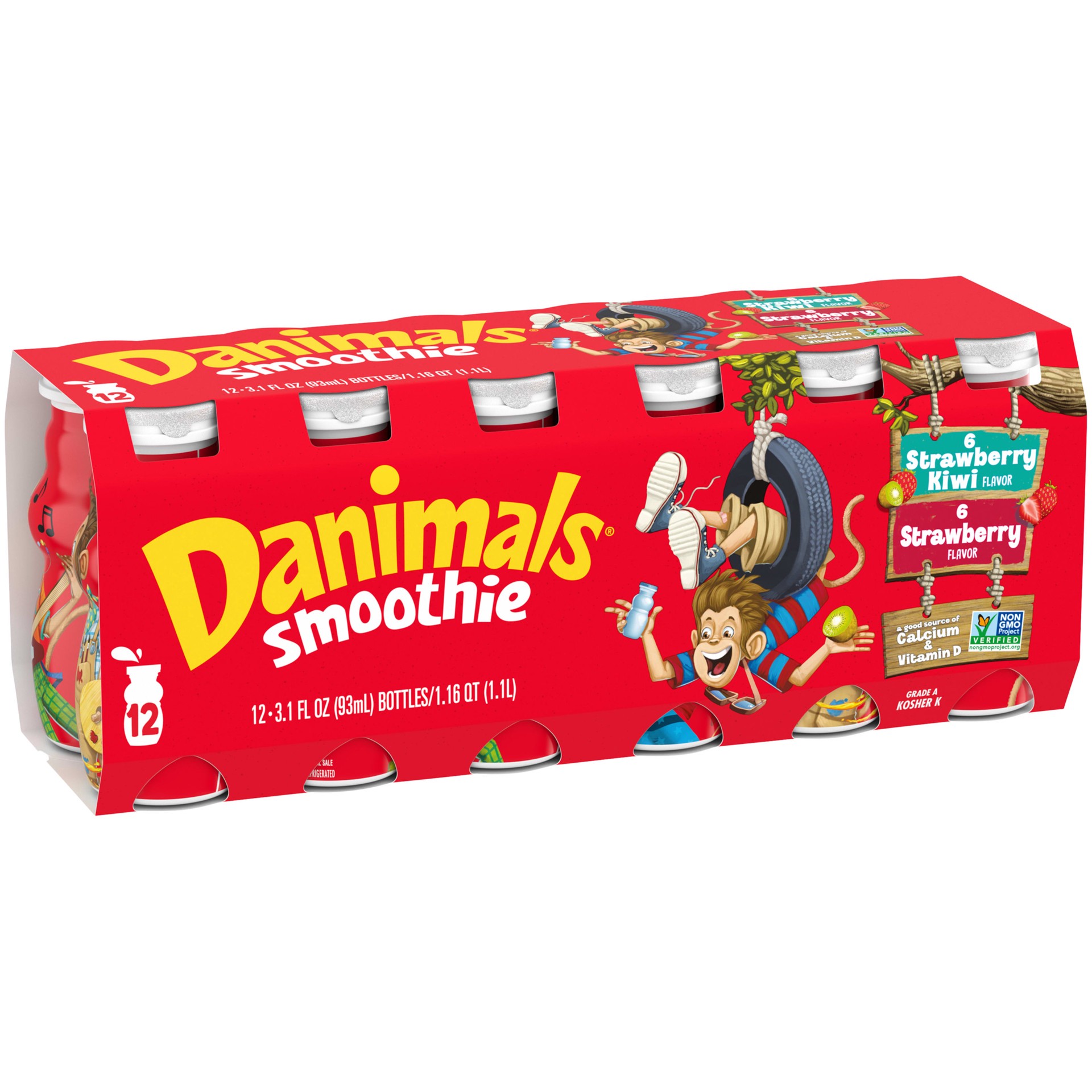 slide 5 of 5, Danimals Smoothie Strawberry Explosion and Strikin' Strawberry Kiwi Dairy Drink Multi-Pack, Easy Snacks for Kids, 12 Ct, 3.1 OZ Smoothie Bottles, 3.10 fl oz