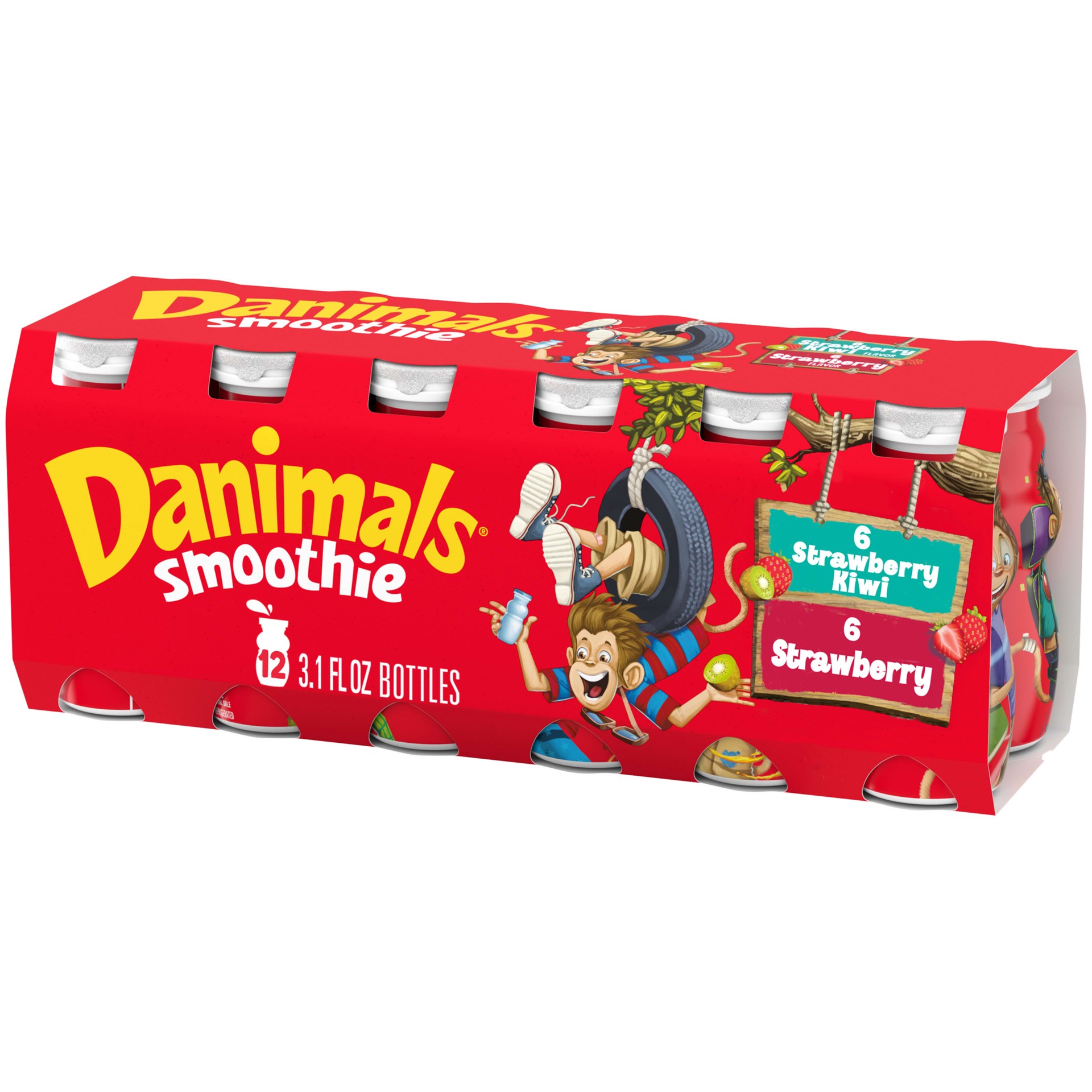 slide 1 of 5, Danimals Smoothie Strawberry Explosion and Strikin' Strawberry Kiwi Dairy Drink Multi-Pack, Easy Snacks for Kids, 12 Ct, 3.1 OZ Smoothie Bottles, 3.10 fl oz