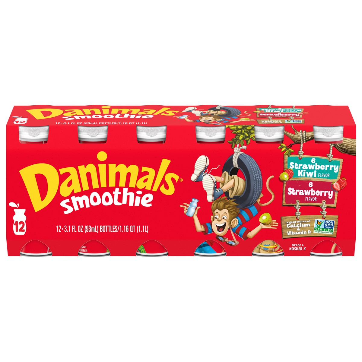 slide 1 of 5, Danimals Strawberry Explosion & Strikin’ Strawberry Kiwi Variety Pack Smoothies, 3.1 Oz. Bottles, 12 Count, 12 ct