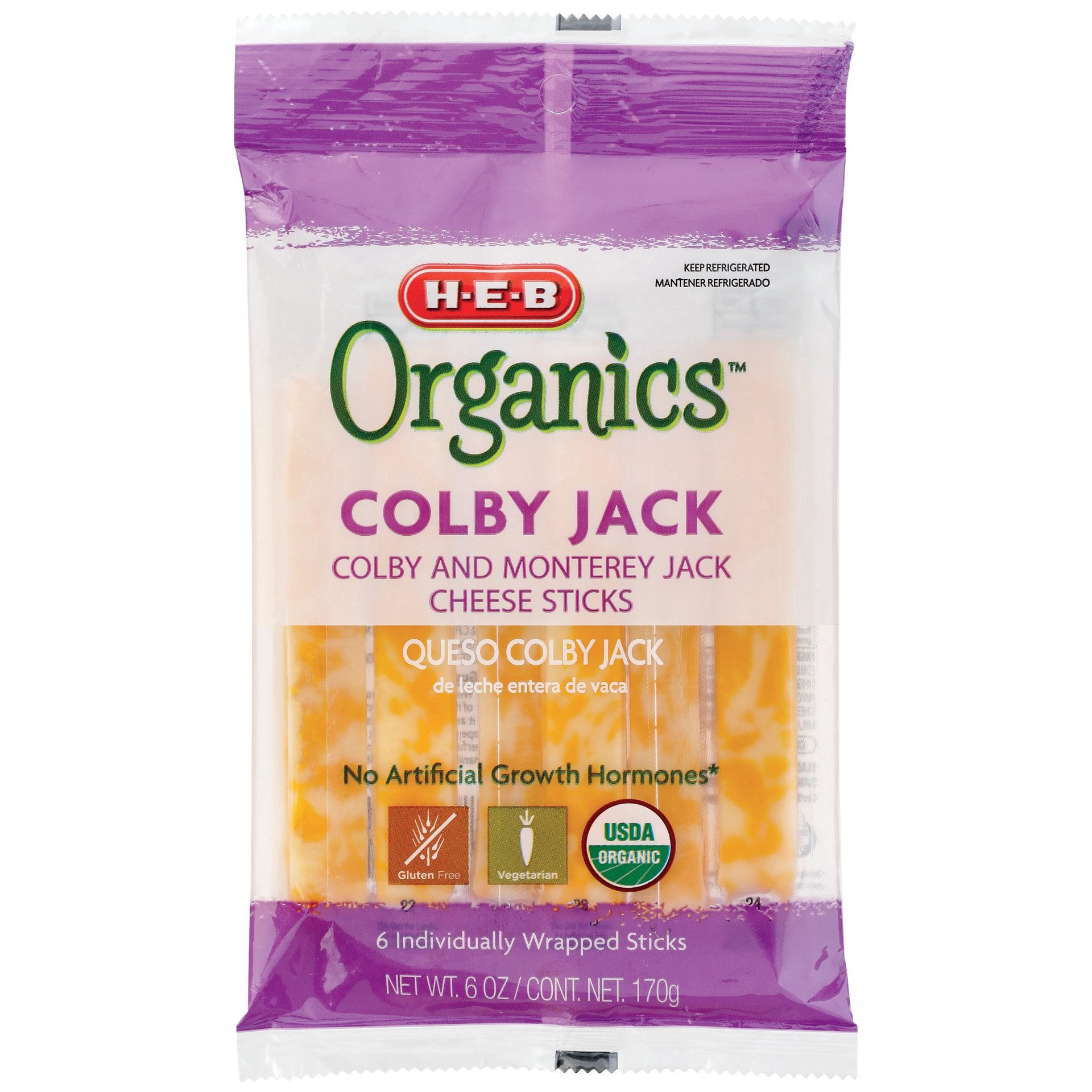 slide 1 of 1, H-E-B Organics Colby Jack Cheese Sticks, 6 ct, 6 oz