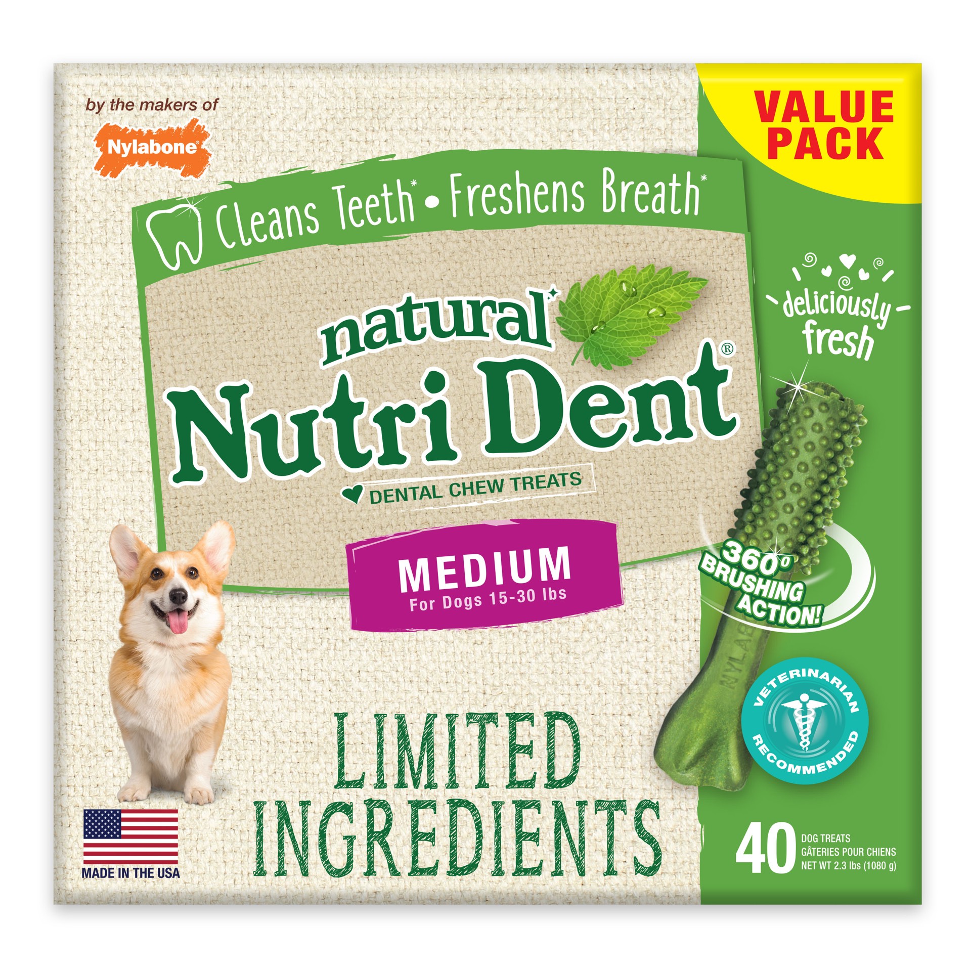 slide 1 of 10, Nylabone Nutri Dent Limited Ingredients Medium Fresh Breath Dental Chews, 2.3 lb