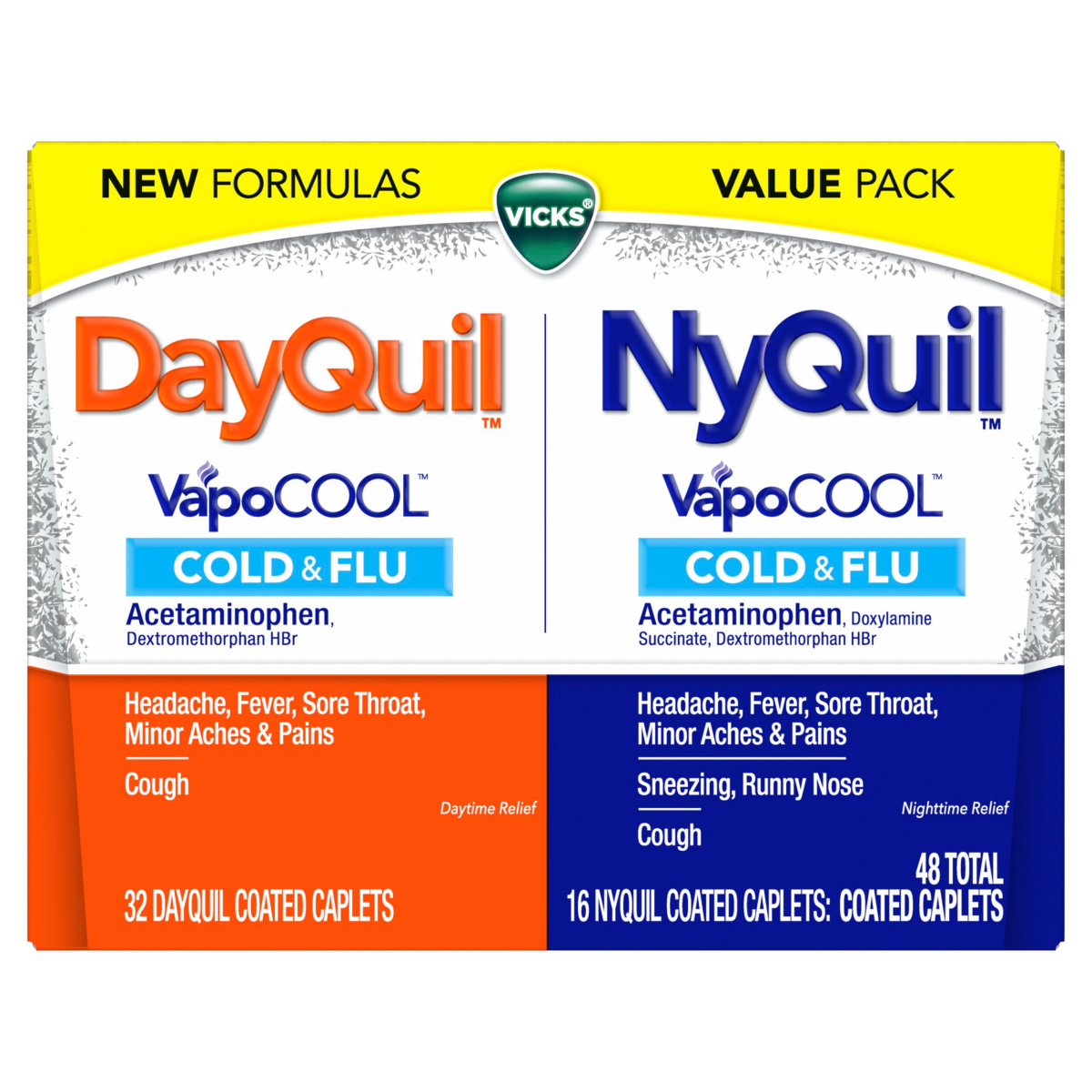 slide 3 of 8, Vicks DayQuil & NyQuil VapoCOOL Cold & Flu Coated Caplets, Over-the-Counter Medicine Value Pack, Powerful Relief for Headache, Fever, Sore Throat, Minor Aches and Pains, and Cough, 48 Count, 48 ct