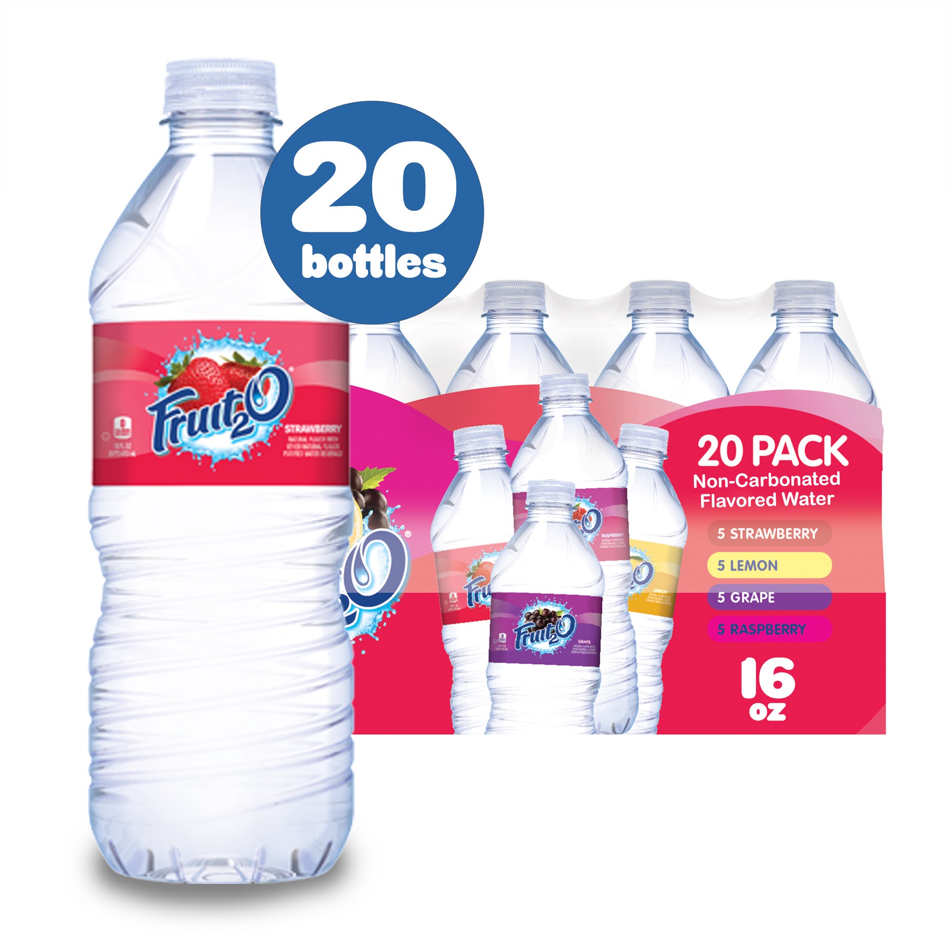 slide 1 of 9, Fruit2O Flavored Water Variety Pack, 20 Count, 16 FL OZ Bottles, 20 ct; 16 fl oz