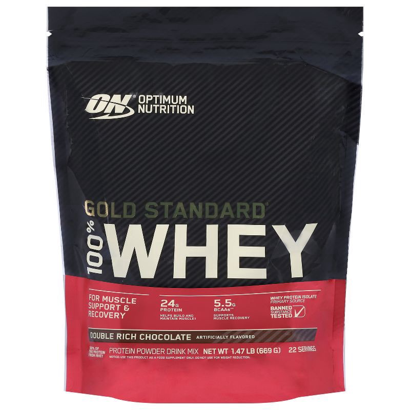 slide 1 of 11, Optimum Nutrition Gold Standard 100 Percent Optimal Nutrition, Gold Standard, 100% WHEY, Double Rich Chocolate, 1.47 LB, 1.5 lb