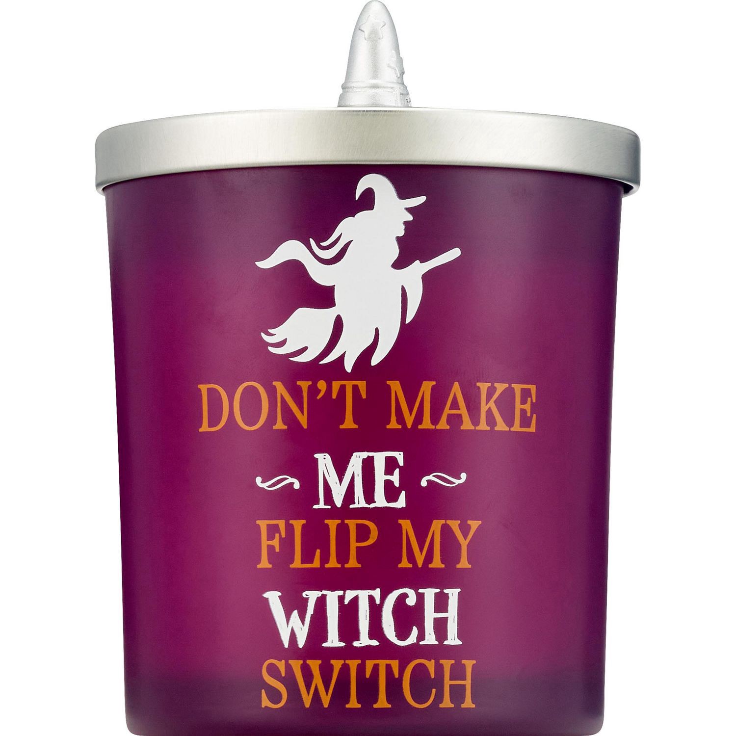 slide 1 of 2, SPOOKY VILLAGE Witch Text Candle, Metal Lid With Witch Hat Knob, 9.5 oz