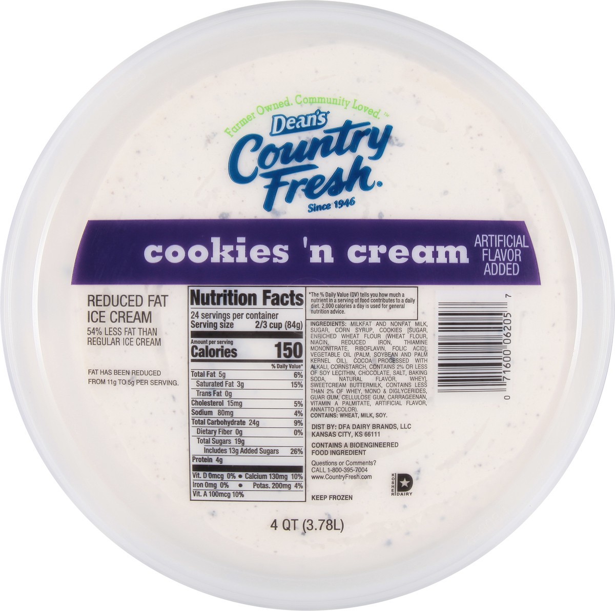 slide 4 of 9, Country Fresh Reduced Fat Cookies 'n Cream Ice Cream Family Size 4 qt, 4 qt