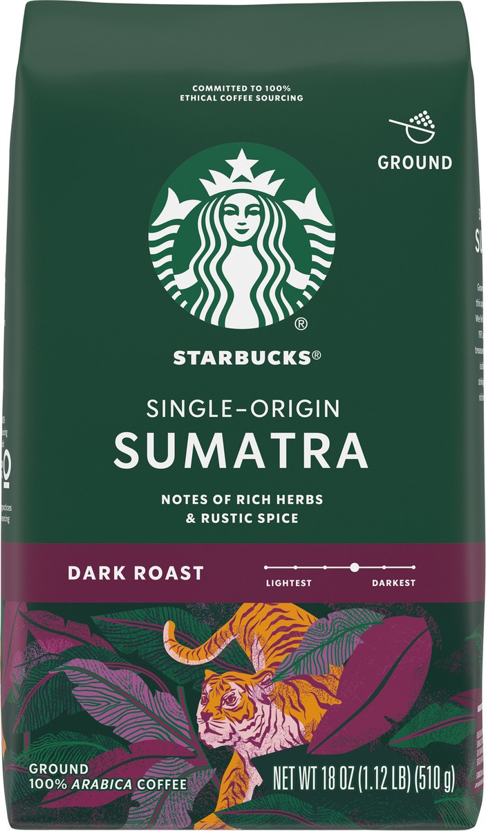 slide 11 of 13, Starbucks Ground Coffee, Dark Roast Coffee, Sumatra, 100% Arabica, 1 bag (18 oz), 18 oz