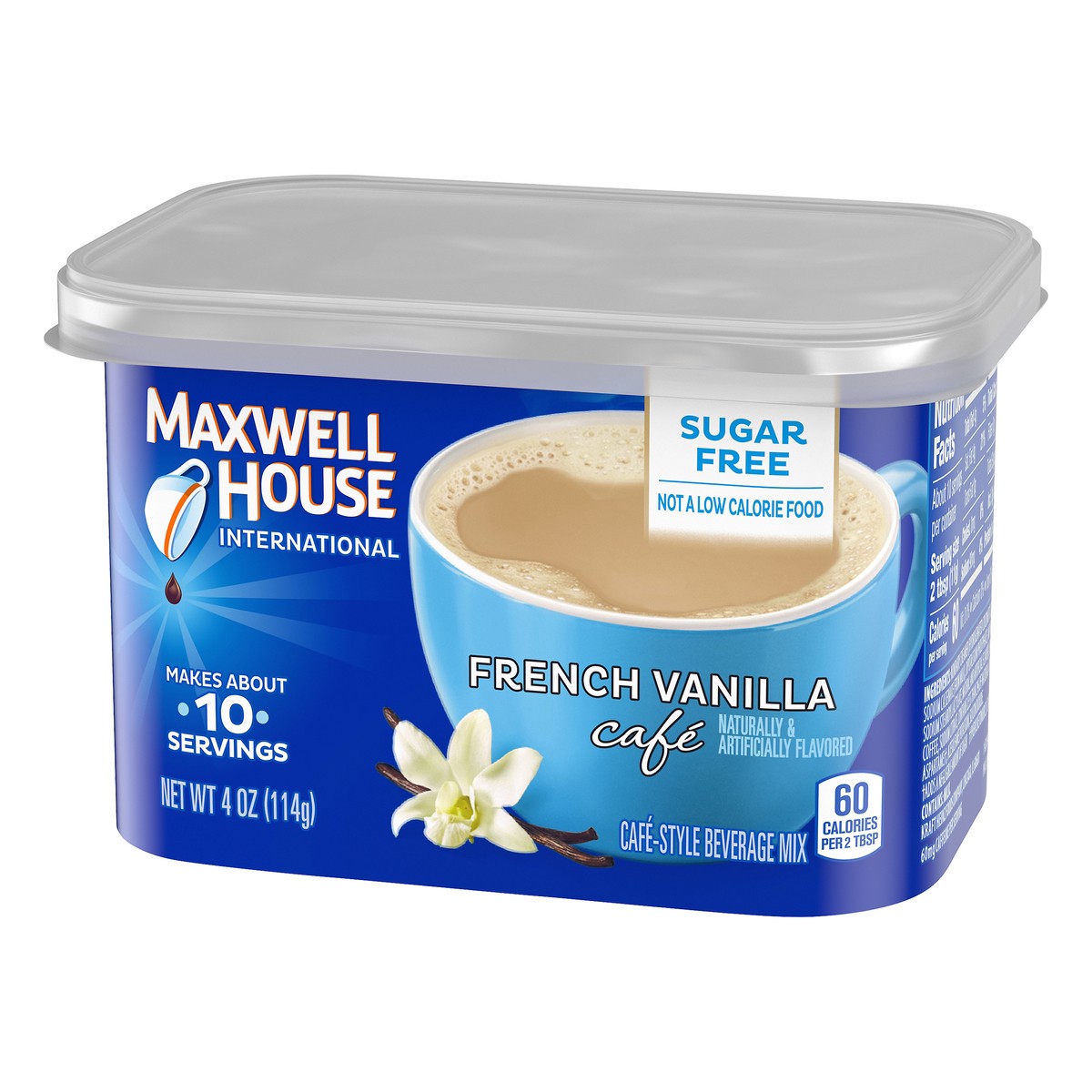 slide 2 of 9, Maxwell House International French Vanilla Café-Style Sugar Free Instant Coffee Beverage Mix, 4 oz. Canister, 4 oz