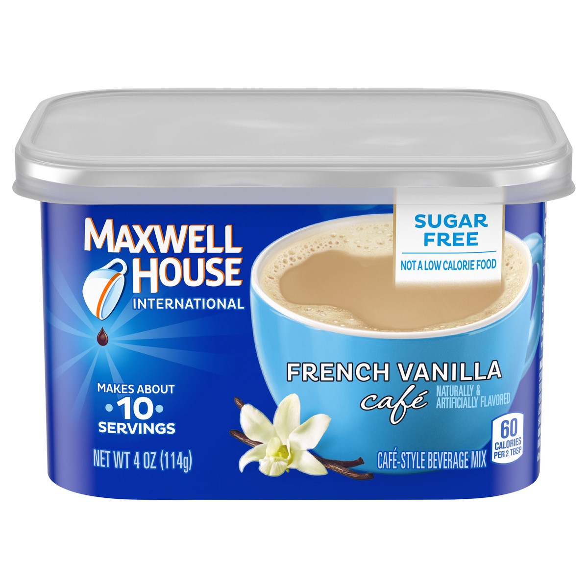 slide 1 of 9, Maxwell House International French Vanilla Café-Style Sugar Free Instant Coffee Beverage Mix, 4 oz. Canister, 4 oz