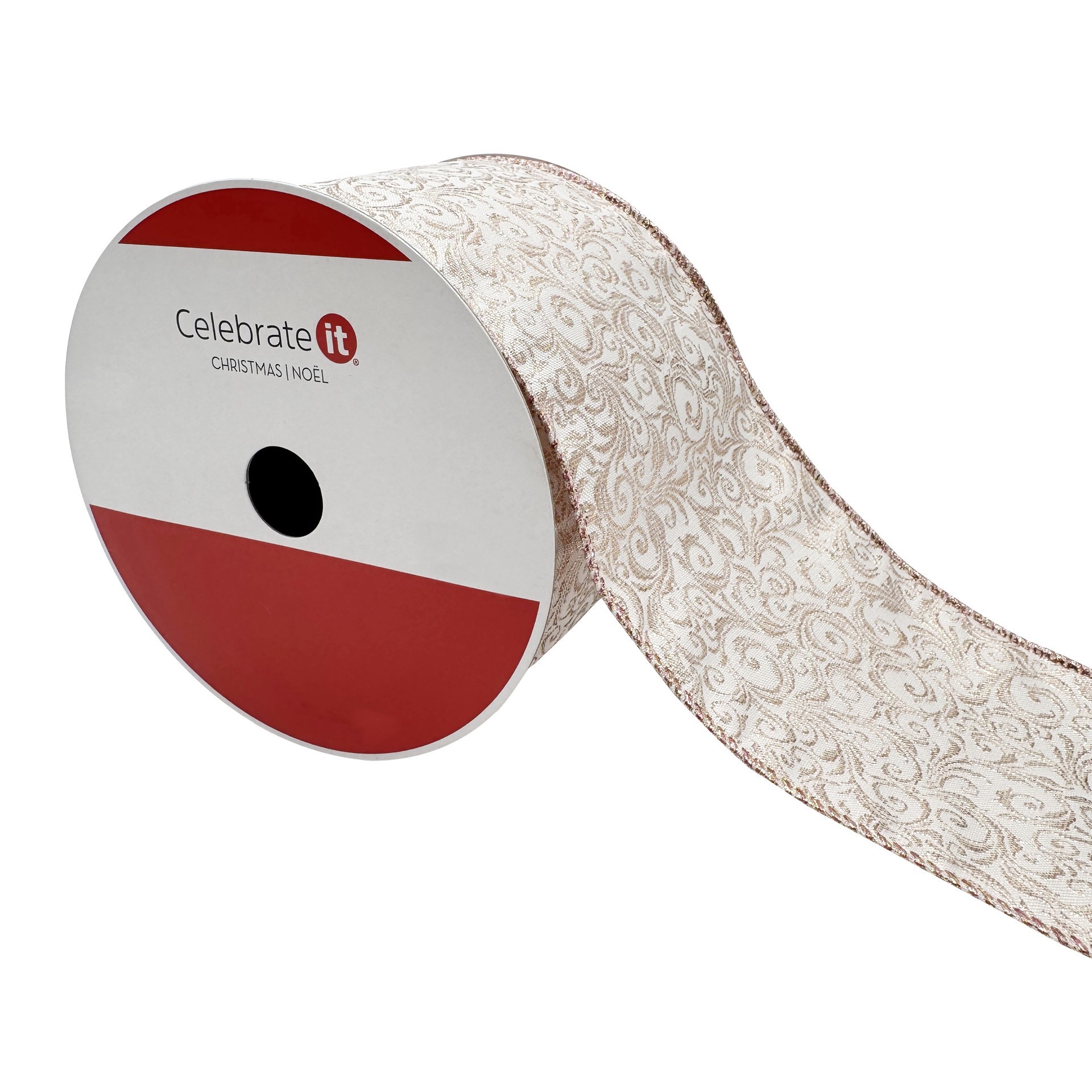 slide 3 of 3, 3.5" X 15ft. Blush Jacquard Scroll Wired Ribbon By Celebrate It, 3.5 in x 15 ft