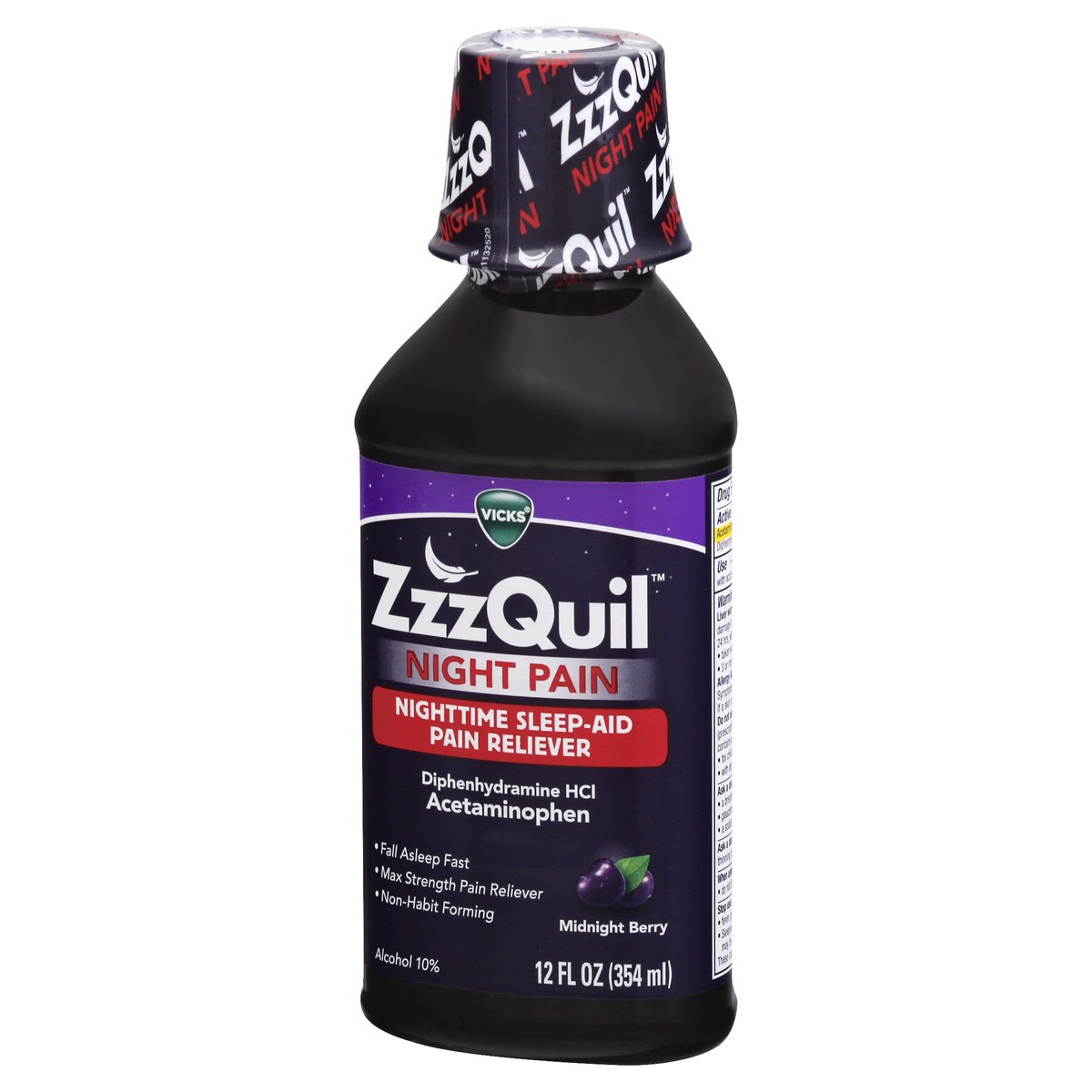 slide 9 of 9, Vicks ZzzQuil Night Pain Liquid, Nighttime Sleep-Aid Pain Reliever, Midnight Berry Flavored, 12 FL OZ, 12 fl oz