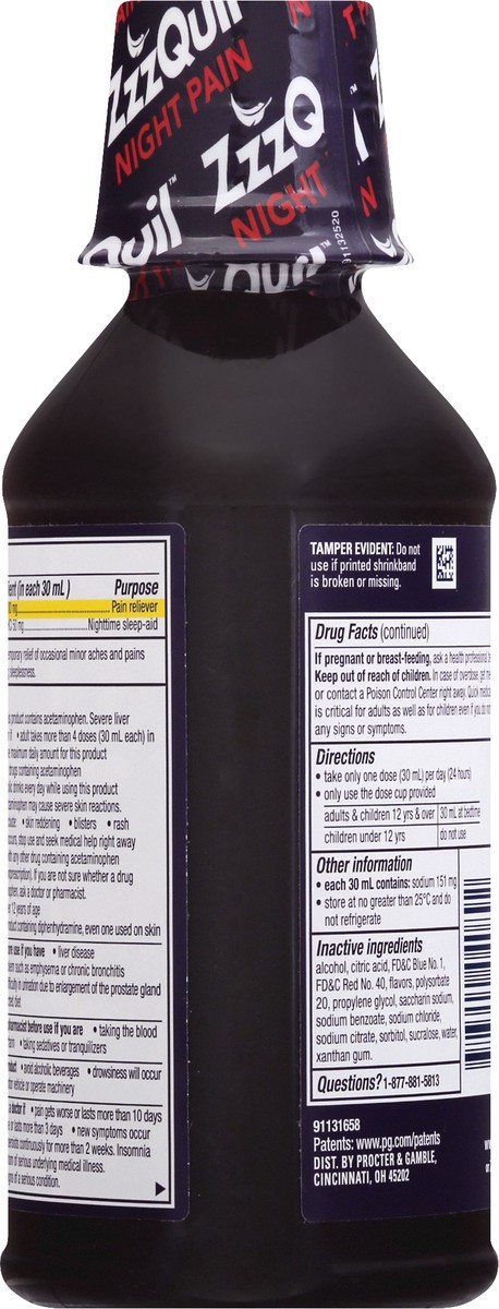 slide 7 of 9, Vicks ZzzQuil Night Pain Liquid, Nighttime Sleep-Aid Pain Reliever, Midnight Berry Flavored, 12 FL OZ, 12 fl oz