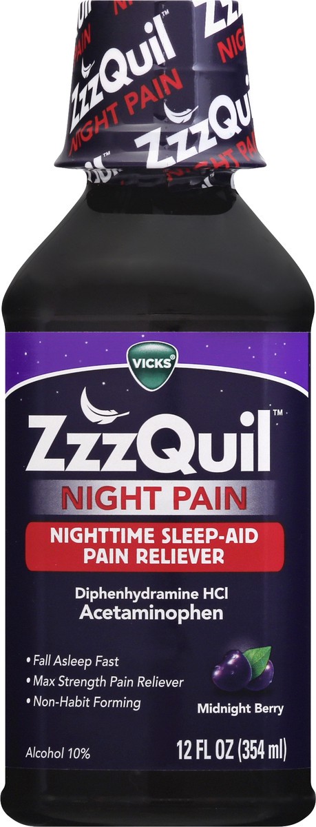 slide 6 of 9, Vicks ZzzQuil Night Pain Liquid, Nighttime Sleep-Aid Pain Reliever, Midnight Berry Flavored, 12 FL OZ, 12 fl oz