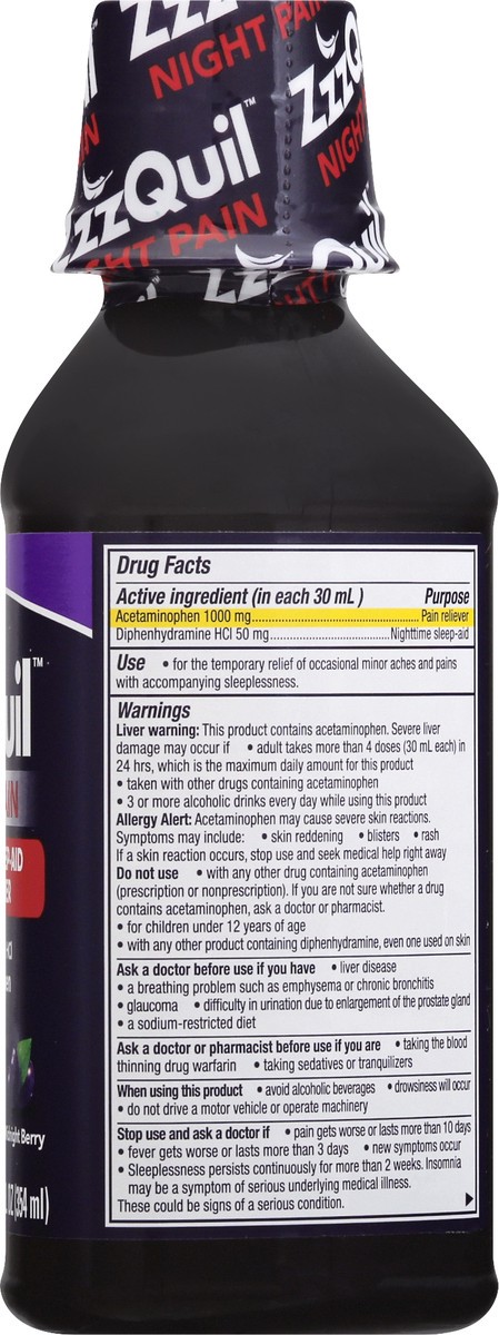 slide 8 of 9, Vicks ZzzQuil Night Pain Liquid, Nighttime Sleep-Aid Pain Reliever, Midnight Berry Flavored, 12 FL OZ, 12 fl oz