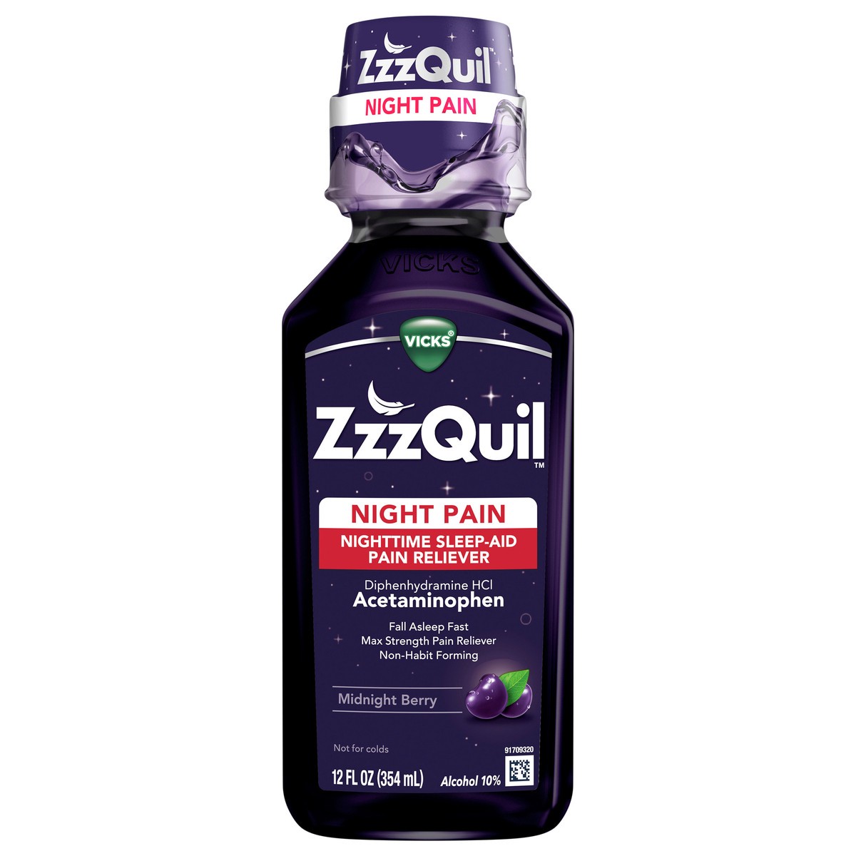 slide 1 of 9, Vicks ZzzQuil Night Pain Liquid, Nighttime Sleep-Aid Pain Reliever, Midnight Berry Flavored, 12 FL OZ, 12 fl oz