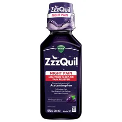 Vicks ZzzQuil Liquid, Max Strength Pain Reliever, Nighttime Sleep Aid Liquid, Acetaminophen 1000mg, Diphenhydramine 50mg HCI, Non-Habit Forming, Midnight Berry Flavored, 12 FL OZ