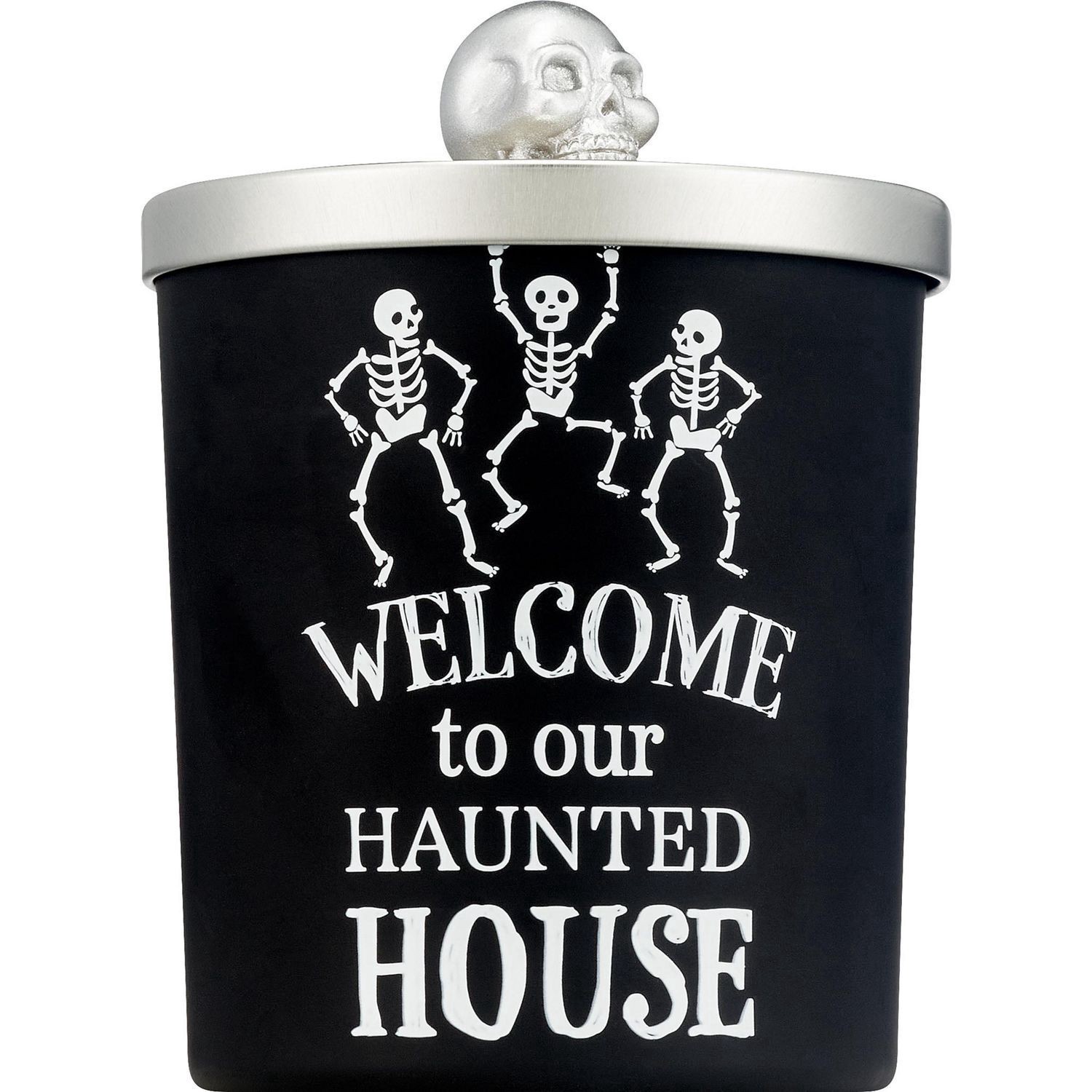 slide 1 of 2, SPOOKY VILLAGE Skeleton Text Candle, Metal Lid With Skull Knob, 9.5 oz