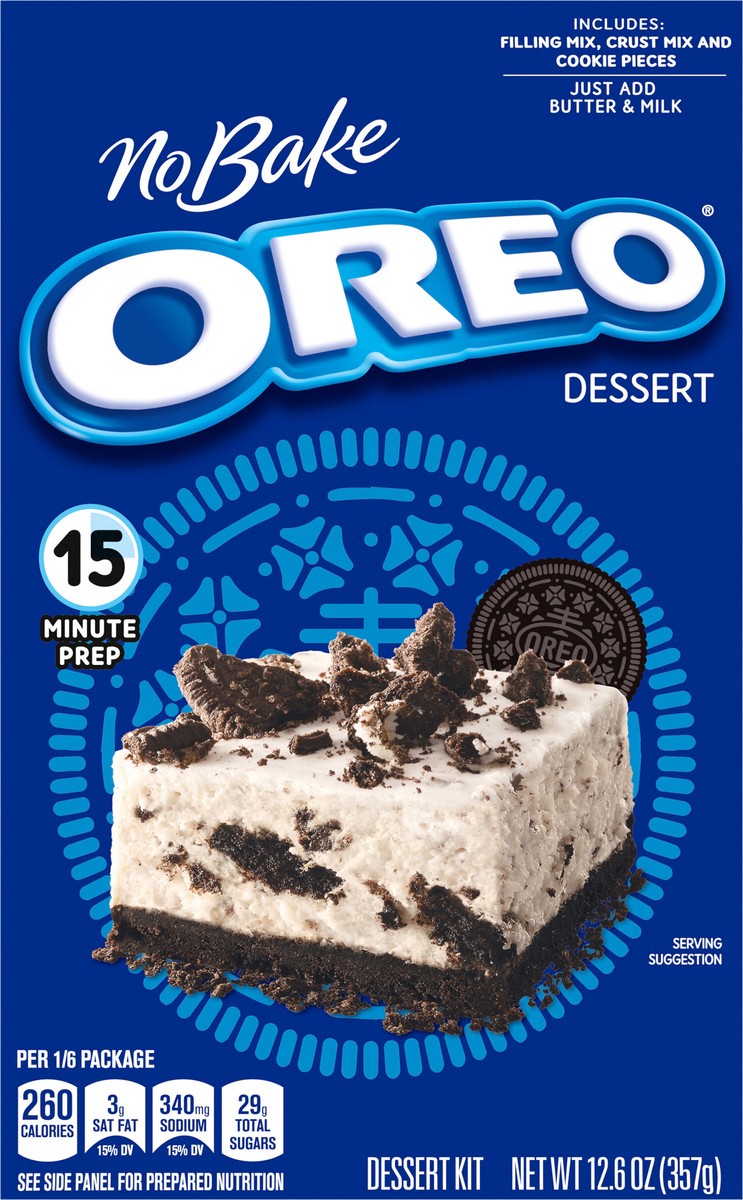 slide 6 of 9, Jell-O No Bake Oreo Dessert Kit with Filling Mix, Crust Mix & Cookie Pieces, 12.6 oz Box, 12.6 oz