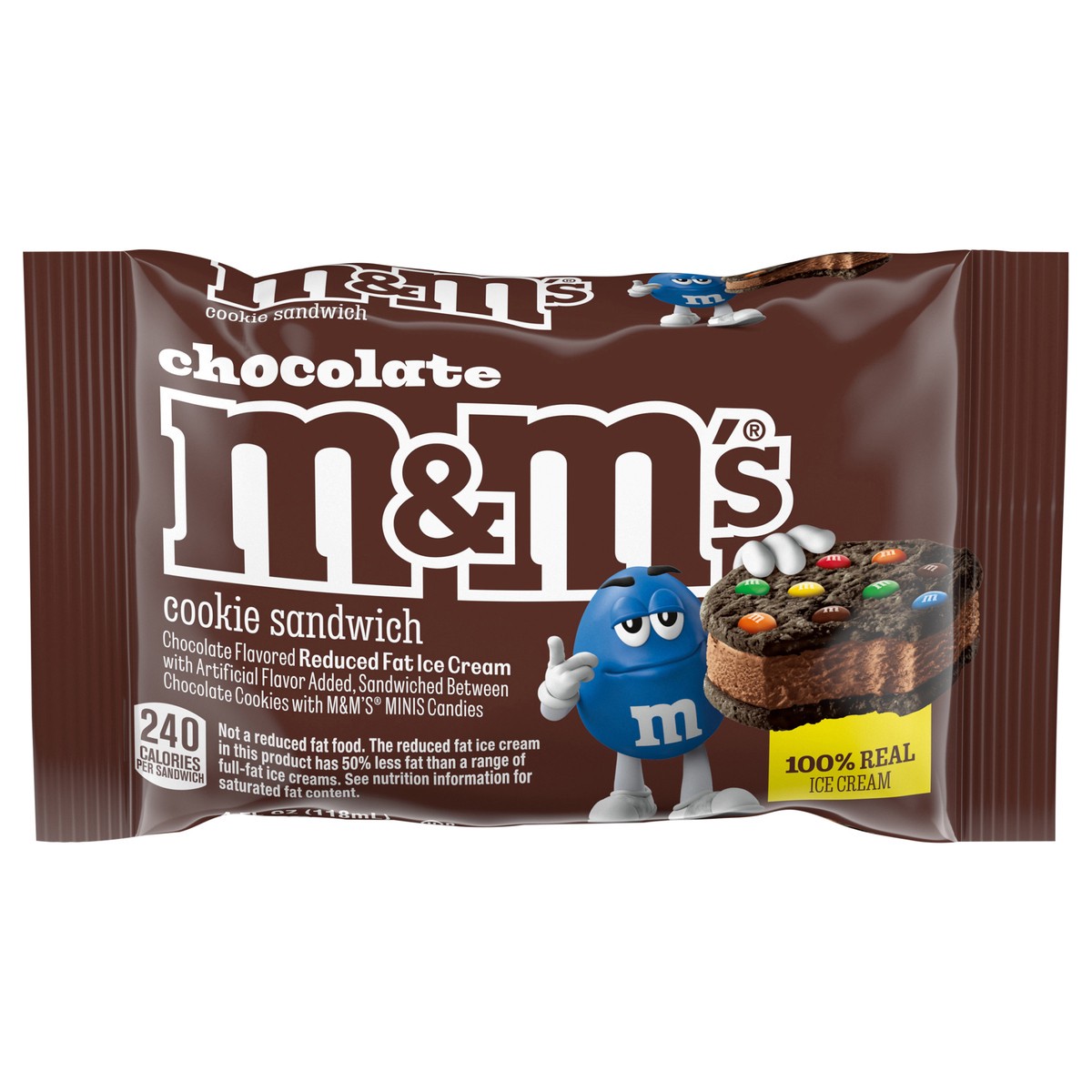 slide 1 of 9, M&M's Ice Cream Chocolate Cookie Sandwich, Reduced Fat Chocolate Ice Cream Dessert Cookie Sandwich, 4 Oz, 4 fl oz