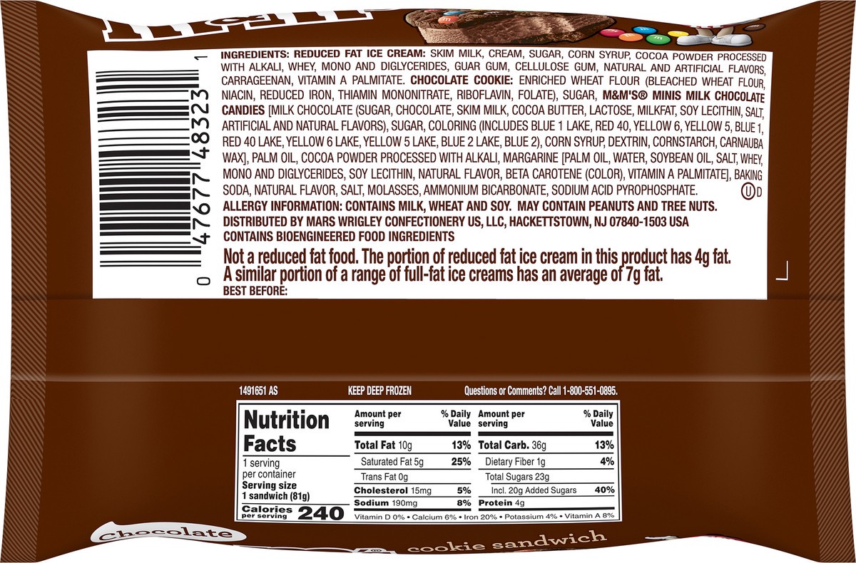 slide 9 of 9, M&M's Ice Cream Chocolate Cookie Sandwich, Reduced Fat Chocolate Ice Cream Dessert Cookie Sandwich, 4 Oz, 4 fl oz