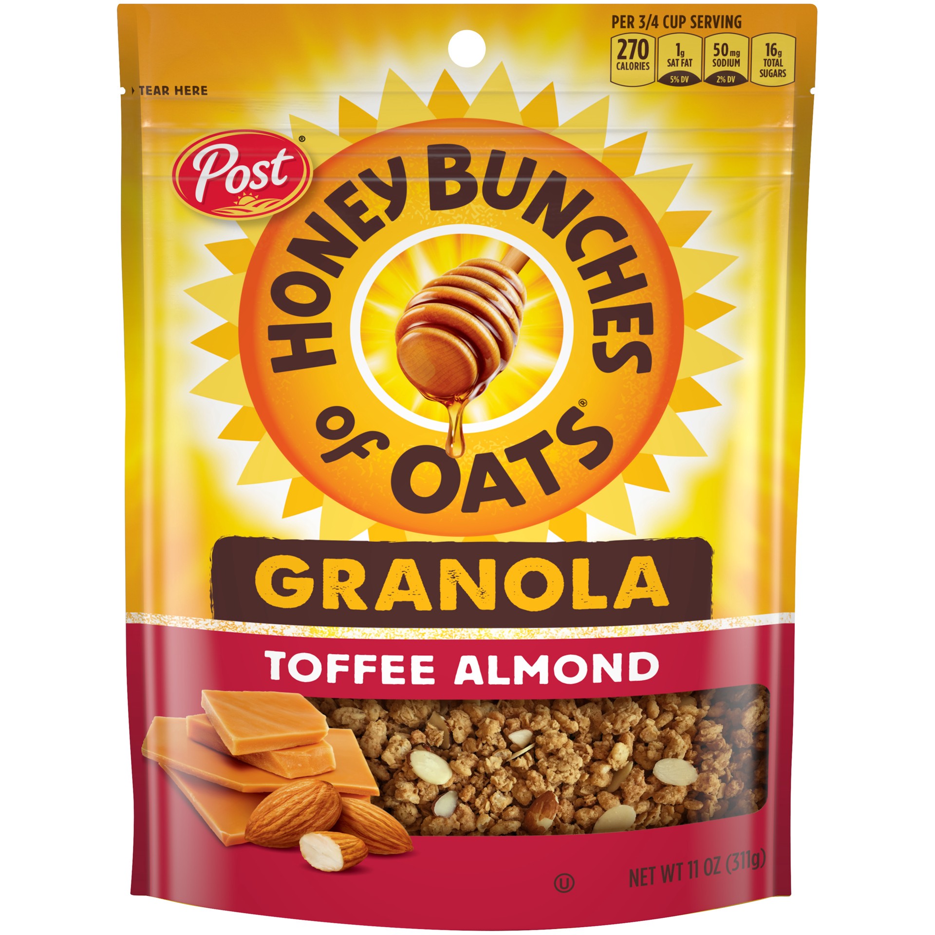 slide 1 of 2, Post Honey Bunches of Oats Toffee Almond Granola Cereal and Snack, Good Source of Fiber, made with Whole Grain Breakfast Cereal, 11 Ounce, 11 oz