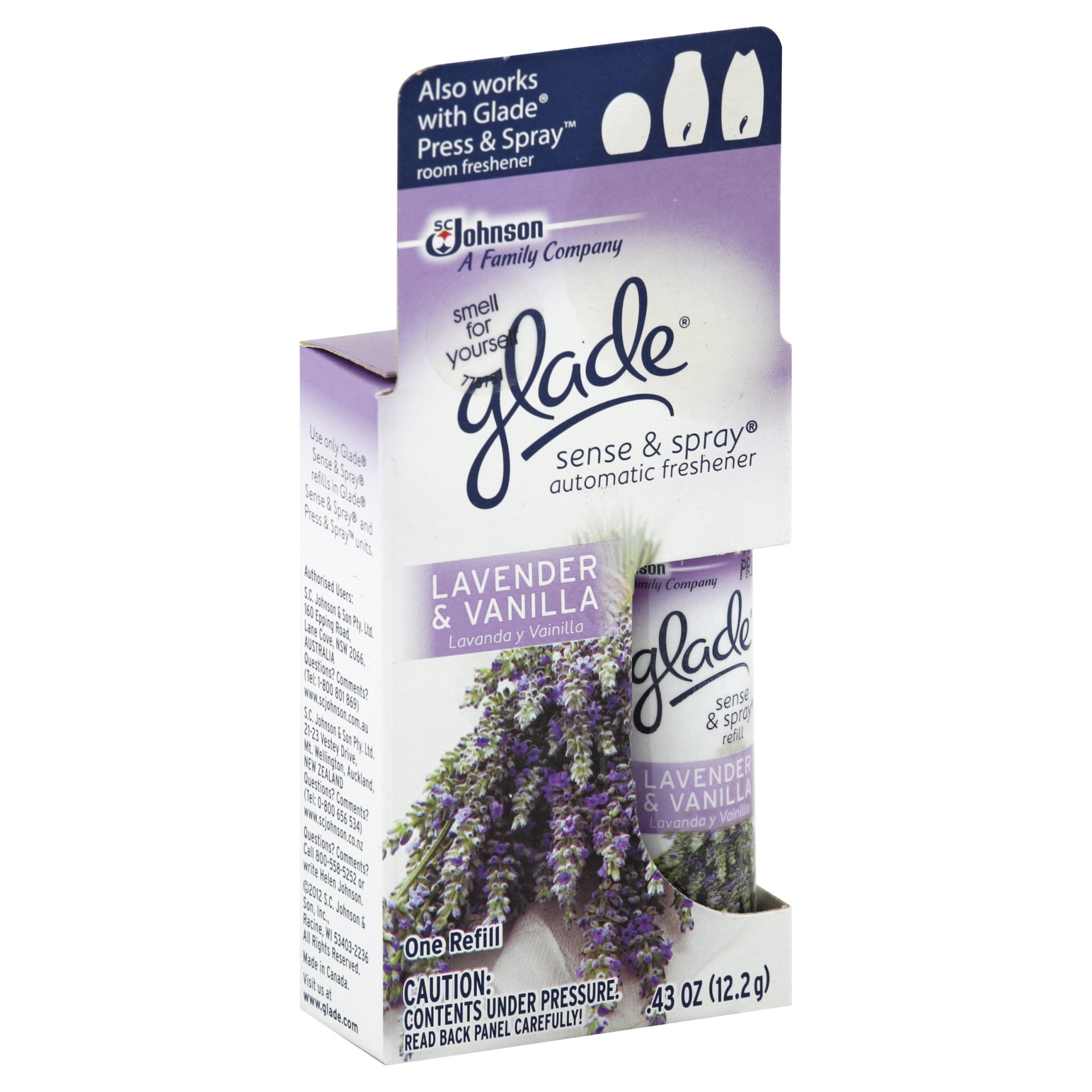 slide 1 of 1, Glade Sense & Spray Automatic Air Freshener Refill, Lavender & Vanilla, 0.4 oz