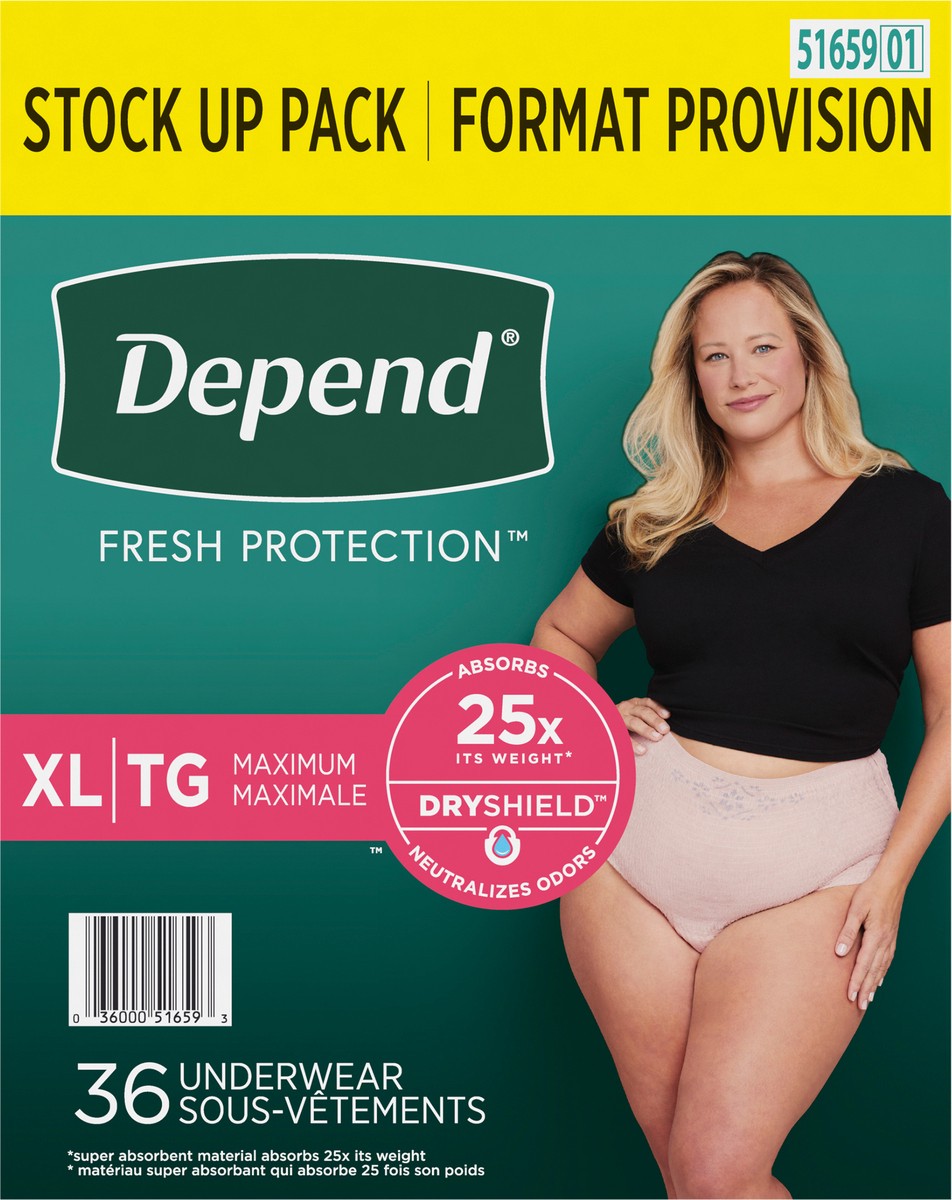 slide 7 of 9, Depend Fresh Protection Adult Incontinence Underwear for Women (Formerly Depend Fit-Flex), Disposable, Maximum, Extra-Large, Blush, 36 Count, 36 ct