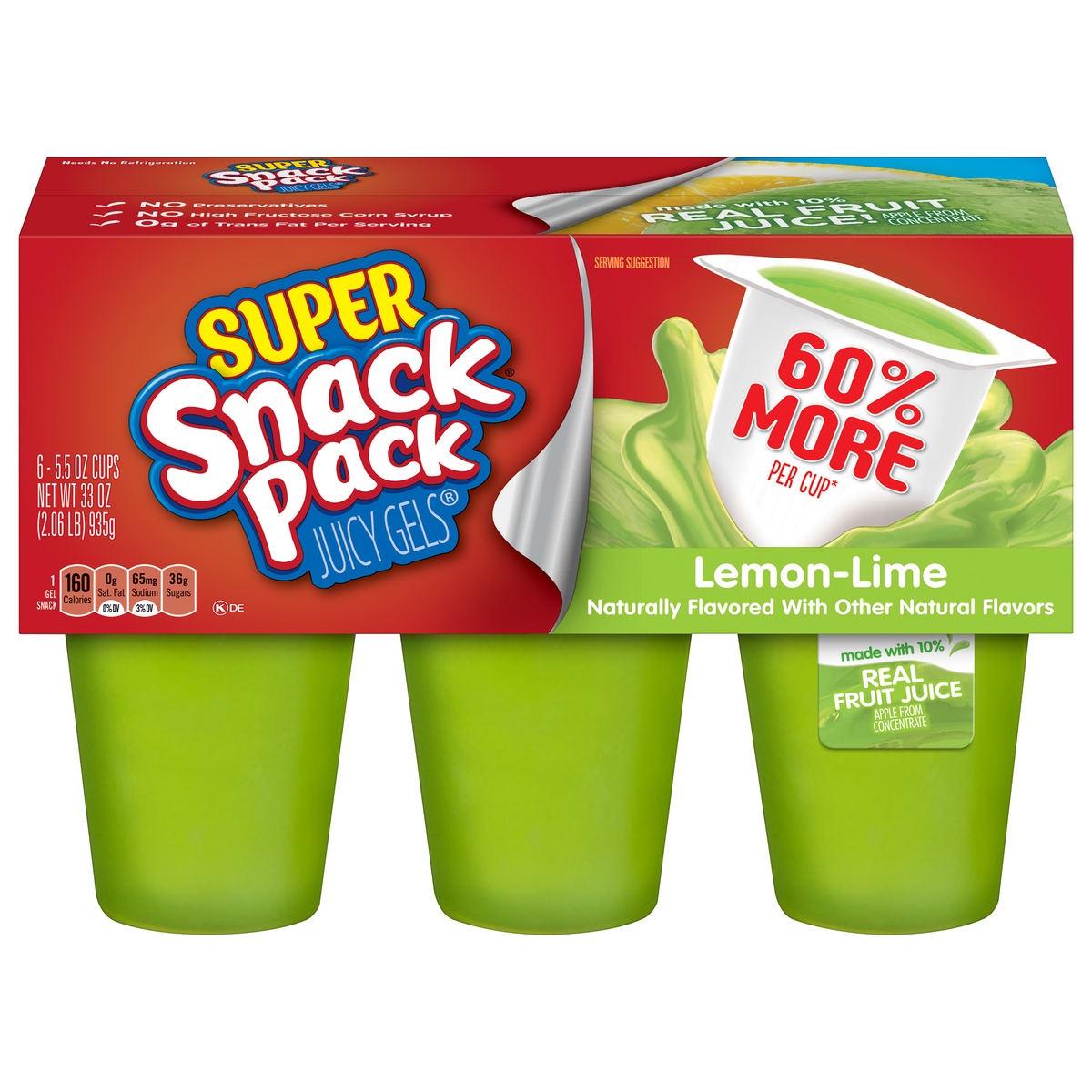 slide 1 of 1, Snack Pack Super Lemon-Lime Juicy Gels 6 - 5.5 oz Cups, 33 oz