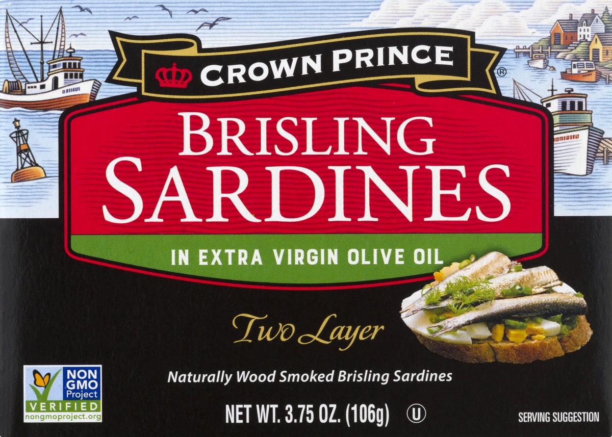 slide 2 of 10, Crown Prince Brisling in Extra Virgin Olive Oil Two Layer Sardines 3.75 oz, 3.75 oz