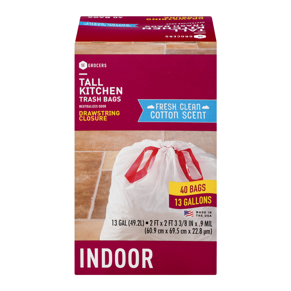 slide 1 of 1, SE Grocers Tall Kitchen Trash Bags Drawstring Closure Indoor Fresh Clean Cotton Scent - 40 CT, 40 ct