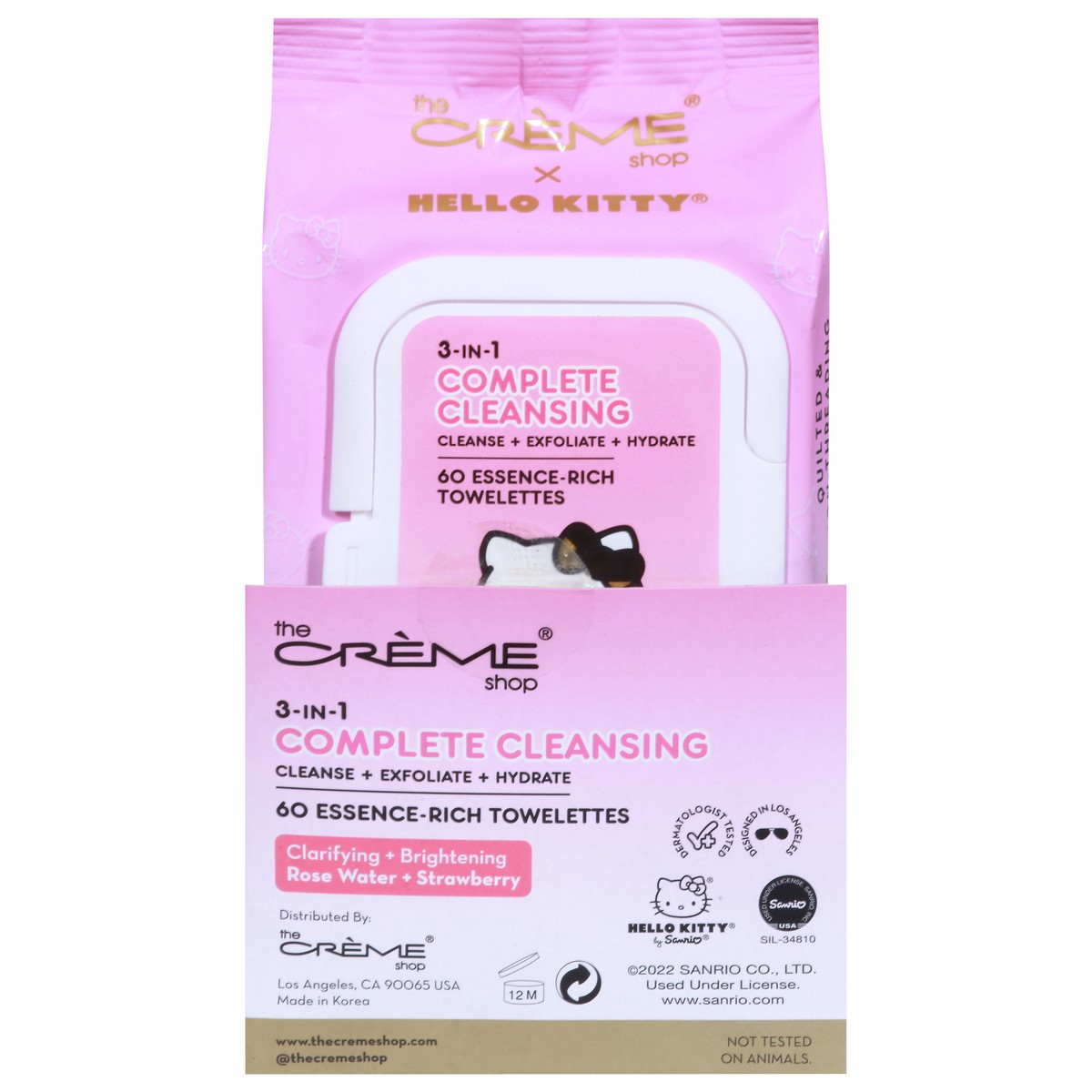 slide 1 of 12, The Crème Shop Hello Kitty 3-in-1 Complete Cleansing Rose Water + Strawberry Towelettes 60 Each, 60 ct