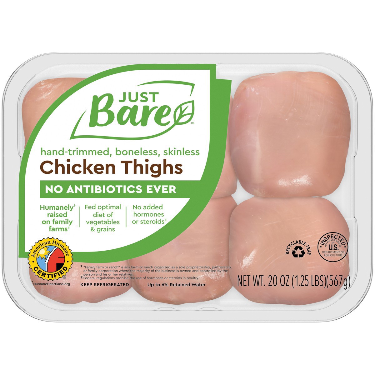 slide 4 of 6, Just BARE Boneless Skinless Chicken Thighs, 1.25 lb