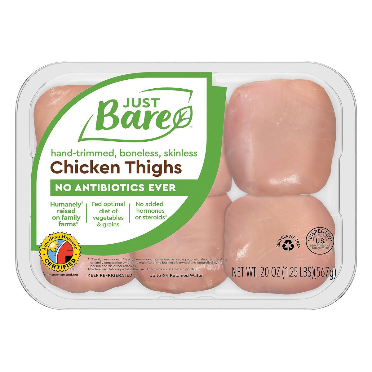 slide 6 of 6, Just BARE Boneless Skinless Chicken Thighs, 1.25 lb