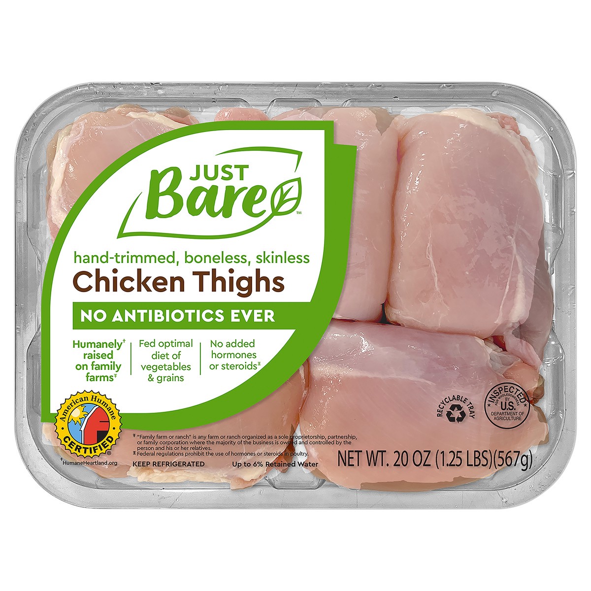 slide 1 of 6, Just BARE Boneless Skinless Chicken Thighs, 20 oz
