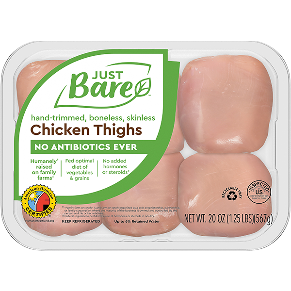 slide 1 of 6, Just BARE Boneless Skinless Chicken Thighs, 1.25 lb