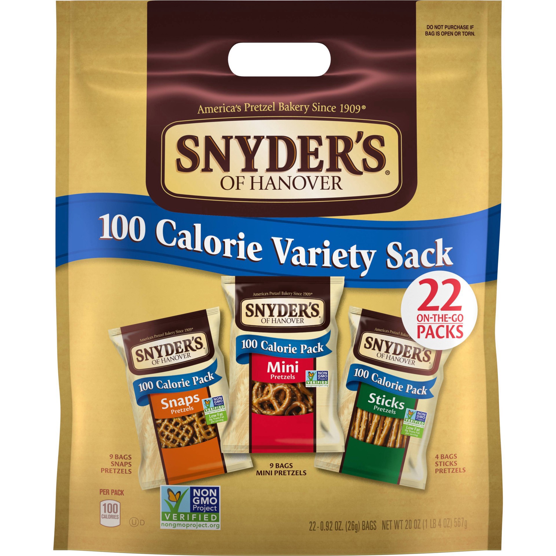 slide 1 of 5, Snyder's of Hanover Pretzels, Variety Pack of 100 Calorie Individual Packs, 22 Ct, 20.24 oz