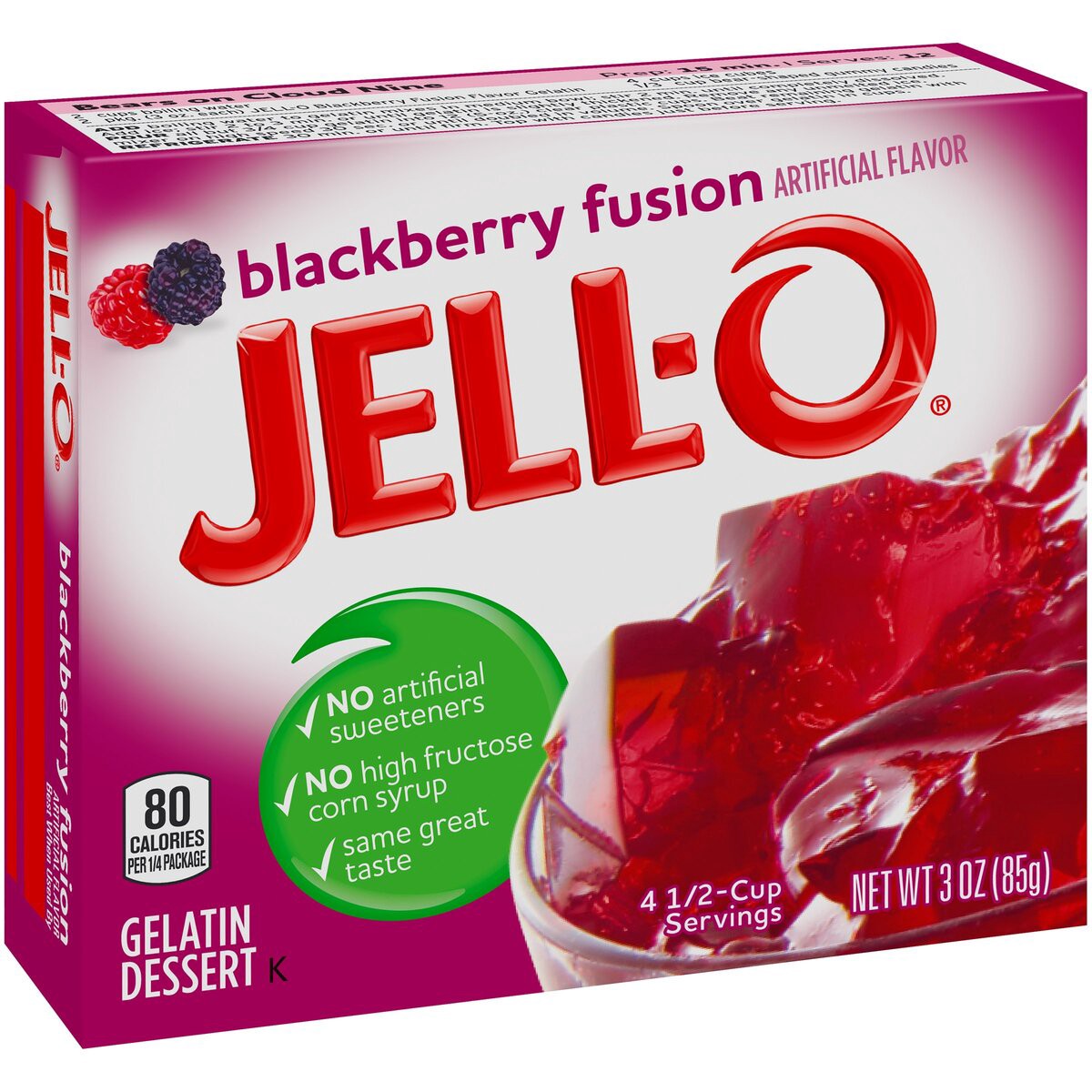 slide 2 of 8, Jell-O Blackberry Fusion Gelatin Dessert Mix, 3 oz