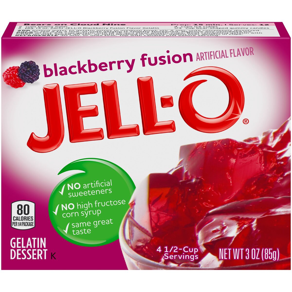 slide 1 of 8, Jell-O Blackberry Fusion Gelatin Dessert Mix, 3 oz