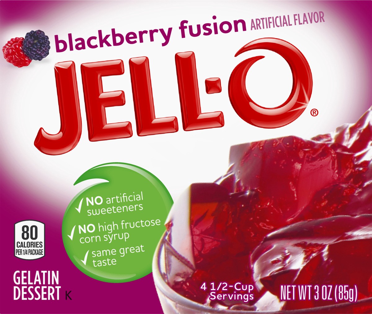 slide 7 of 8, Jell-O Blackberry Fusion Gelatin Dessert Mix, 3 oz