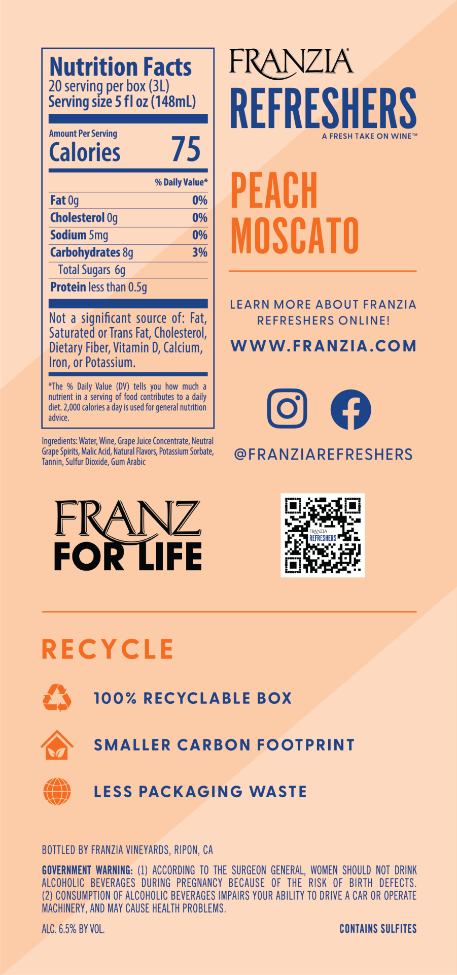 slide 3 of 5, Franzia Refreshers Peach Moscato Box Rose Wine, 101.4 fl oz