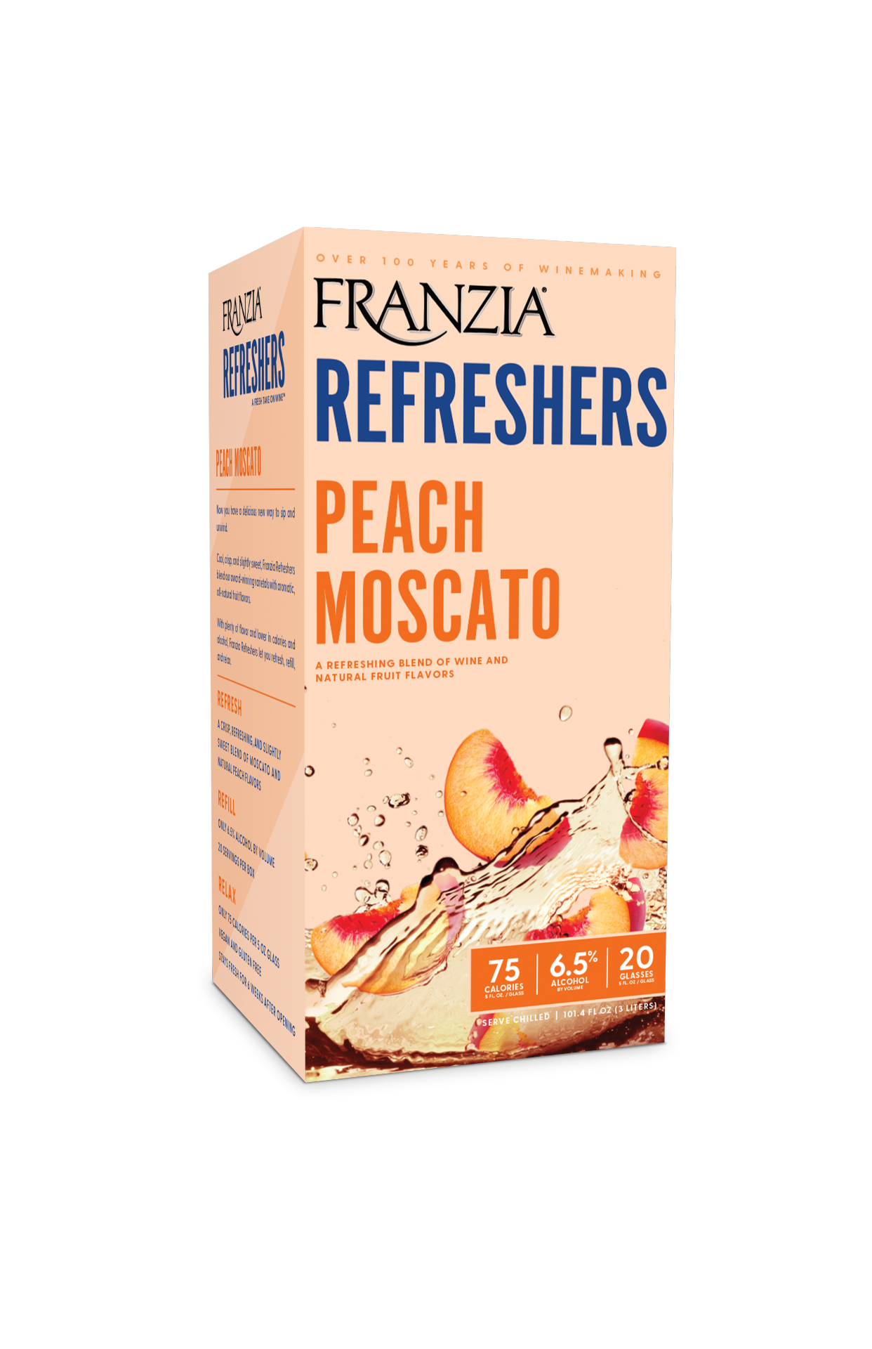 slide 1 of 1, Franzia Refreshers Peach Moscato Box Rose Wine, 3 liter