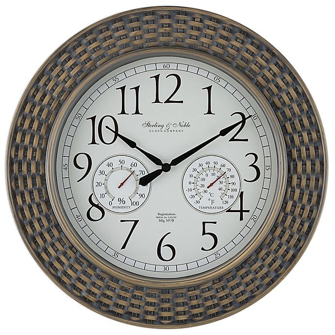 slide 1 of 2, Sterling & Noble Woven Rattan Outdoor Wall Clock/Weather Station, 20 in