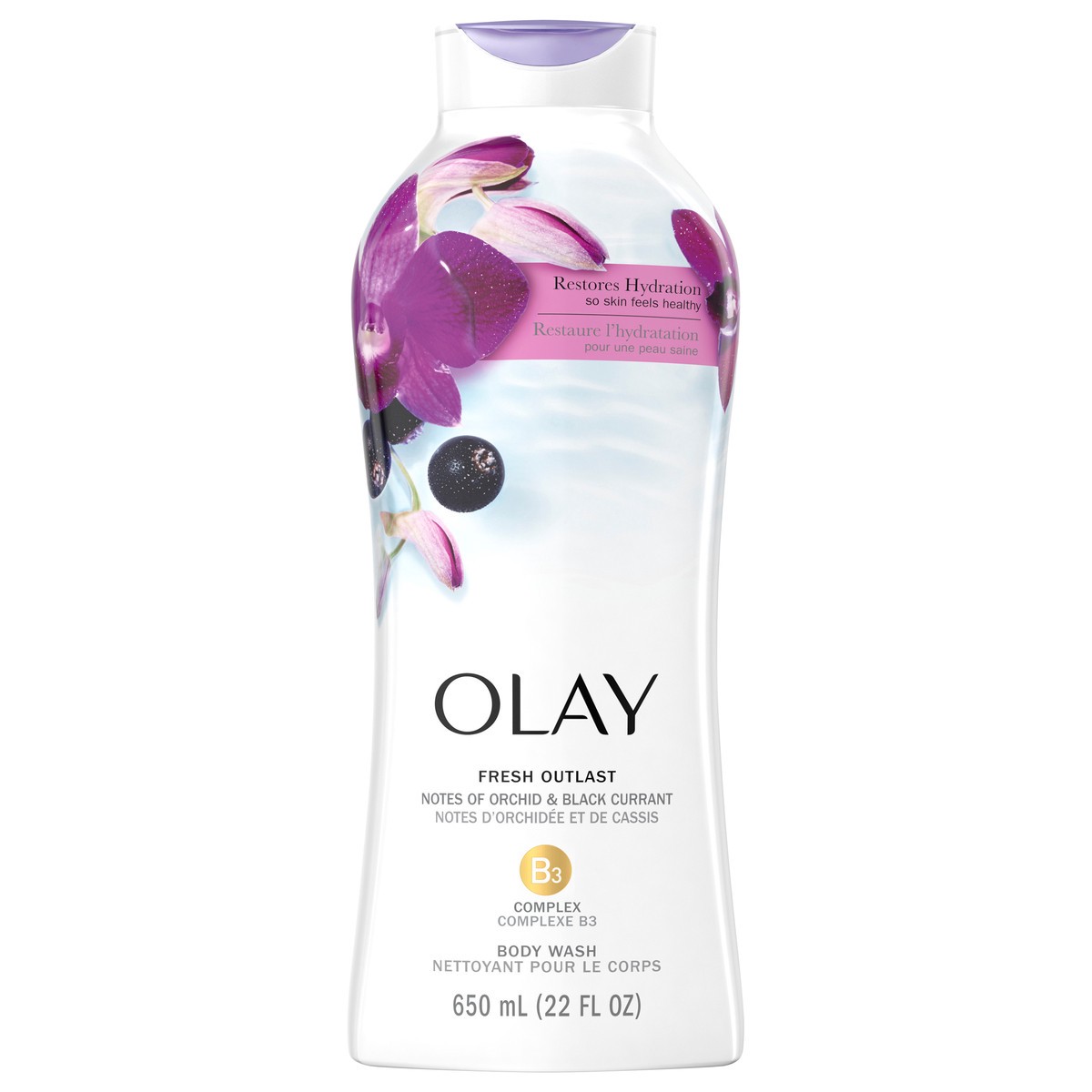 slide 1 of 3, Olay Fresh Outlast Body Wash, Orchid & Black Currant, 22 fl oz, 22 fl oz