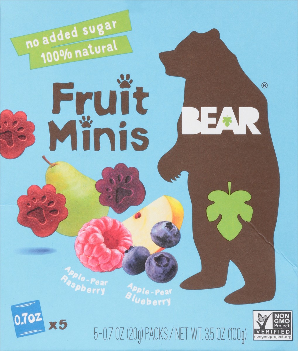 slide 9 of 9, BEAR Apple-Pear Raspberry/Apple-Pear Blueberry Fruit Minis 5 - 0.7 oz Packs, 3.5 oz