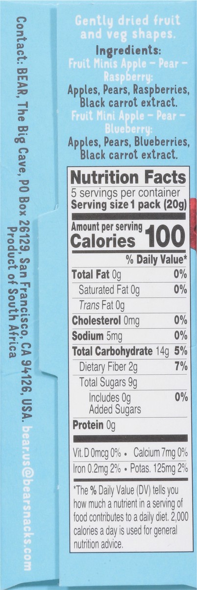 slide 2 of 9, BEAR Apple-Pear Raspberry/Apple-Pear Blueberry Fruit Minis 5 - 0.7 oz Packs, 3.5 oz