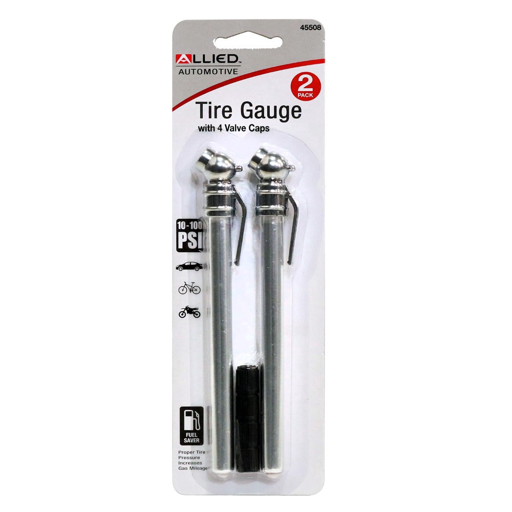 slide 1 of 1, Allied Automoative Tire Gauge With 4 Valve Caps, 2 ct