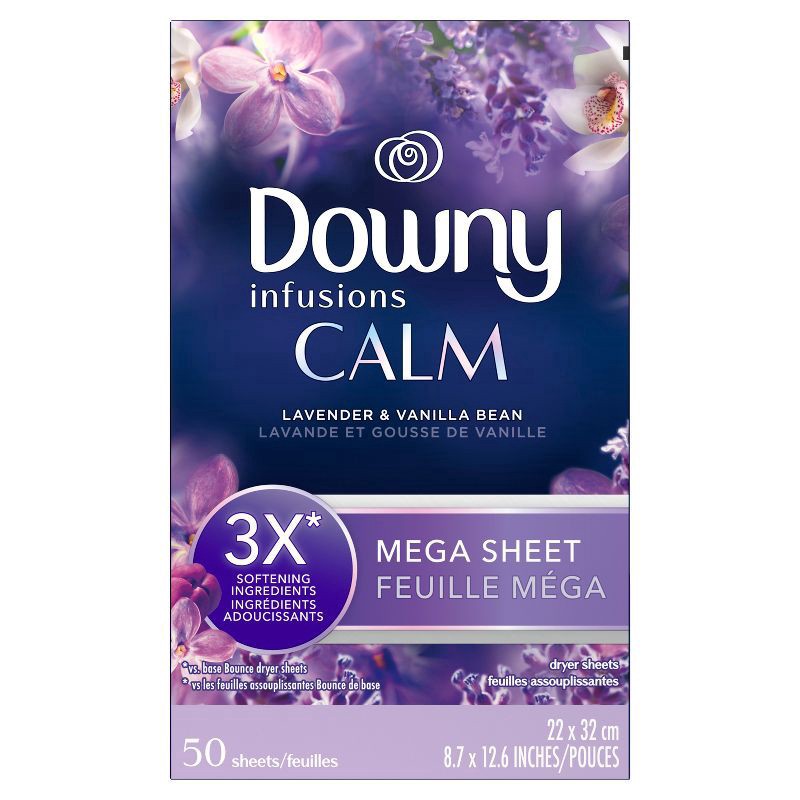 slide 2 of 8, Downy CALM, Mega Dryer Sheets, Laundry Fabric Softener, Lavender and Vanilla Bean, 50 Count, 50 ct