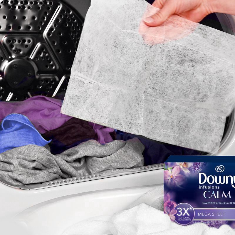 slide 6 of 8, Downy CALM, Mega Dryer Sheets, Laundry Fabric Softener, Lavender and Vanilla Bean, 50 Count, 50 ct